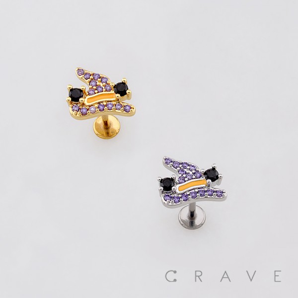 HALLOWEEN SORCERER WITCH HAT PURPLE 316L SURGICAL STEEL THREADLESS PUSH-PIN LABRET SET HALLOWEEN SORCERER WITCH HAT PURPLE 316L SURGICAL STEEL THREADLESS PUSH-PIN LABRET SET